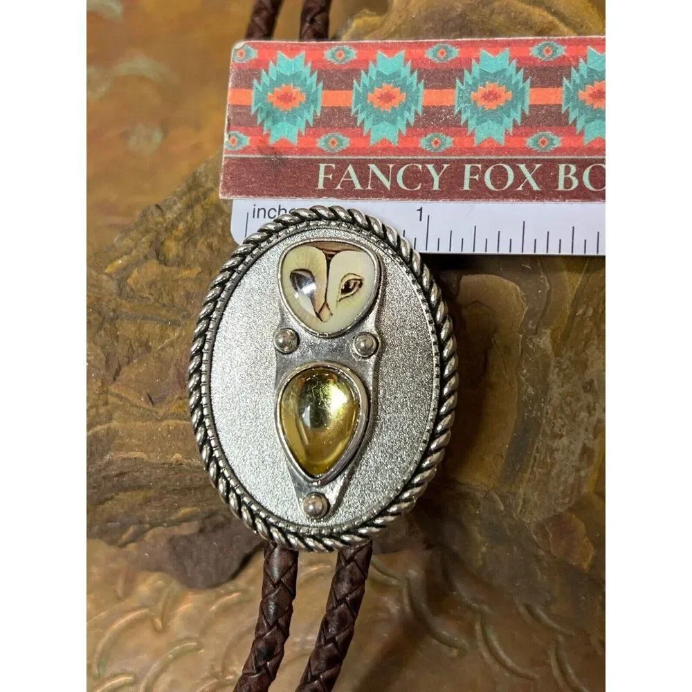 3D Amber Nature OWL Cameo Silver Lariat Black Bolo Tie Wedding Father's Day Dad - Picture 10 of 12